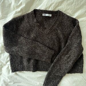 Zara Women's Dark Heather Brown V-Neck Knit Sweater